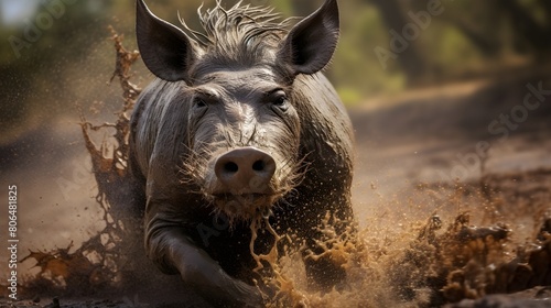 Whimsical warthog caught mid-mud bath,