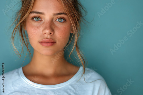 Woman with blue eyes in white shirt against blue blank background, with copy space for marketing