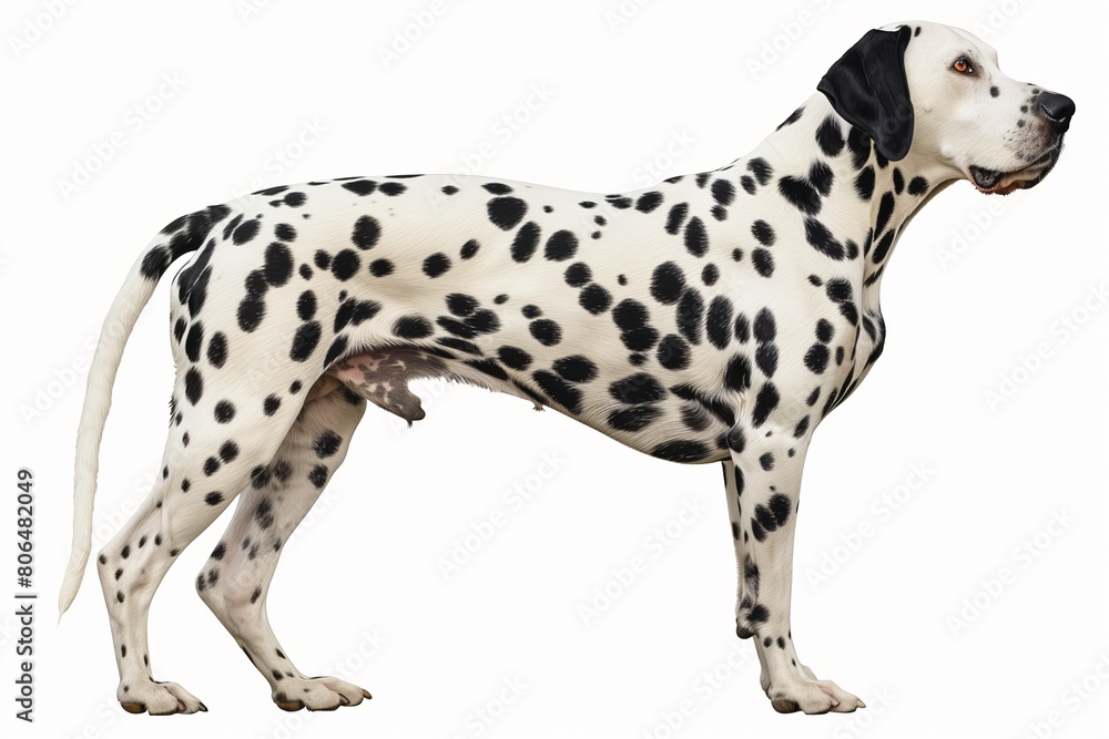 Dalmatian standing profile on white, showcasing its unique spotted coat and athletic posture, symbol of elegance.
