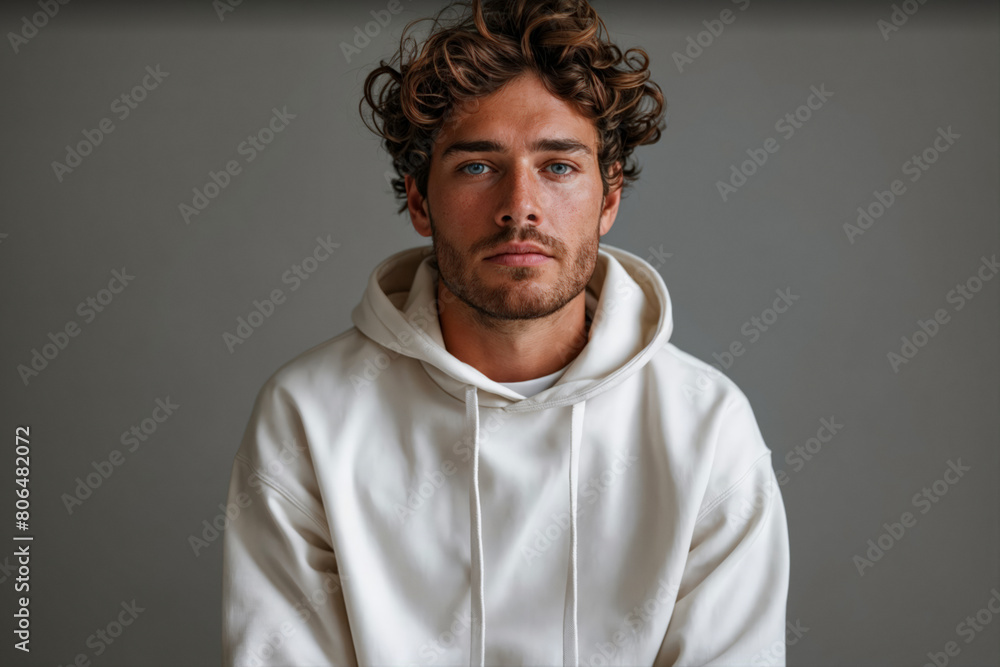 Curly-haired man in white hoodie against grey blank background, with copy space for ads campaigns Curly-haired man in white hoodie against grey blank background, with copy space for ads campaigns