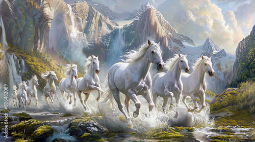  white horses in the picture are painted in a scene with an atmosphere of peace, suitable for use as a background in a child's room or playroom. photo