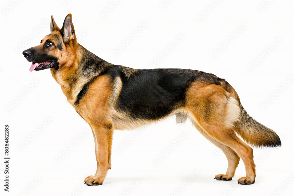 German Shepherd standing in profile, exuding confidence and strength, showcasing a well-defined coat on white background.
German Shepherd standing in profile, exuding confidence and strength, showcasing a well-defined coat on white background.