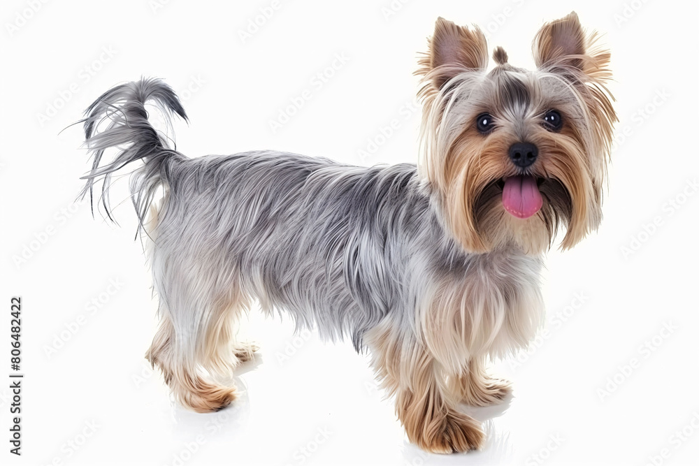 Yorkshire Terrier standing alert, displaying fine silky fur and vibrant expression, isolated on a white backdrop.
Yorkshire Terrier standing alert, displaying fine silky fur and vibrant expression, isolated on a white backdrop.