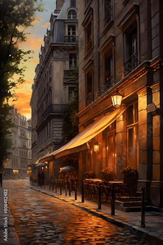 Parisian street at sunset
