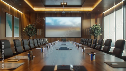 Conference Room Setup, well-equipped conference room with a large table, comfortable chairs, and presentation technology