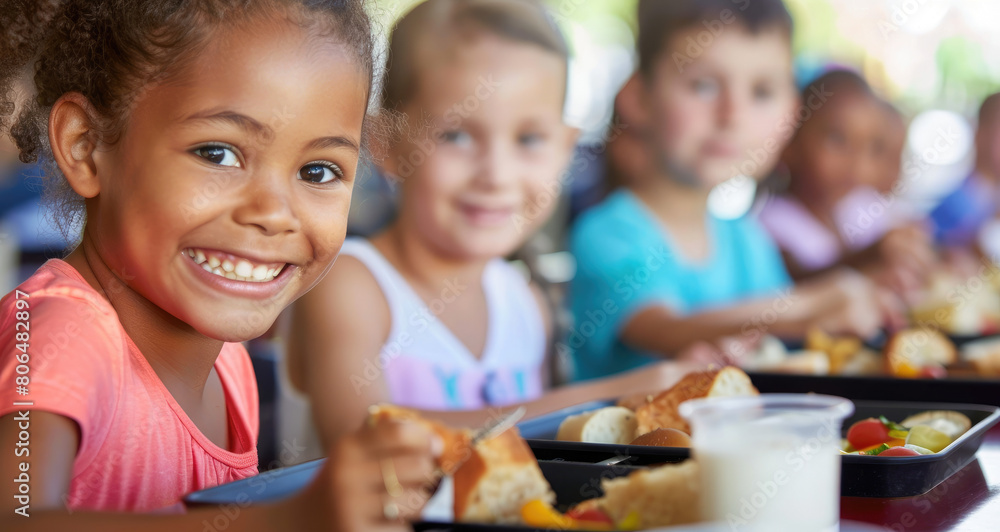 A group of multiethnic children sitting at a table in kindergarten, eating lunch and smiling with joy.