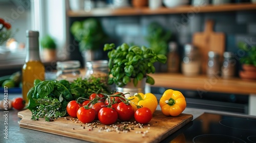 Assistant.A cutting board with fresh vegetables and herbs on a kitchen counter.
