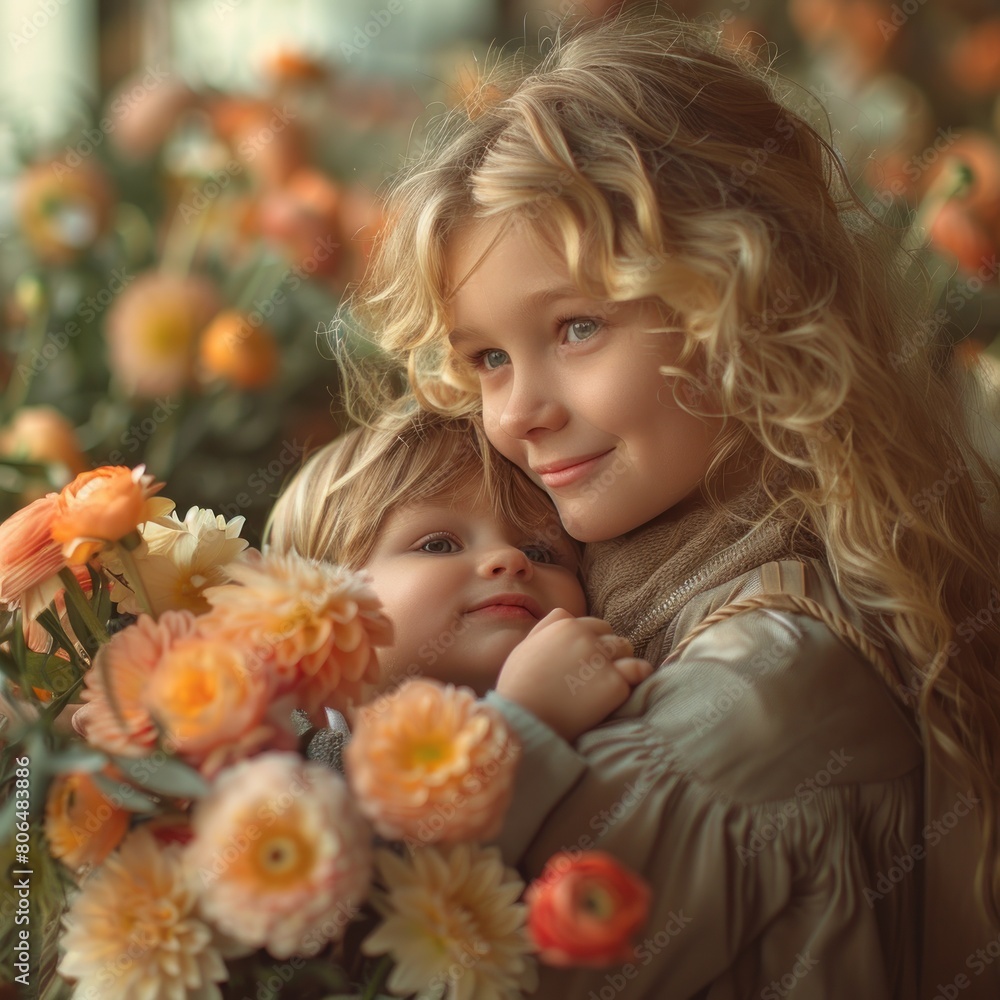 Happy young woman enjoying her daughter's affection on Mother's day, giving flowers to mother as a touch of affection and love in flower shop Happy young woman enjoying her daughter's affection on Mother's day, giving flowers to mother as a touch of affection and love in flower shop