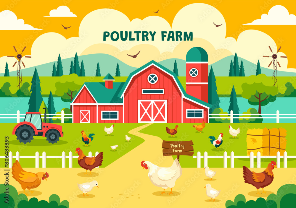 Poultry Farm Vector Illustration with Chickens, Roosters, Straw, Cage and Egg on Scenery of Green Field in Flat Cartoon Background Design Poultry Farm Vector Illustration with Chickens, Roosters, Straw, Cage and Egg on Scenery of Green Field in Flat Cartoon Background Design