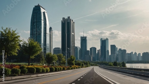 view of highway with lake park and modern city
