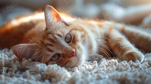 A ginger cat is lying on a white carpet. The cat has its eyes open and is looking at the camera. The cat's fur is short and well-groomed. The background of the image is blurry.