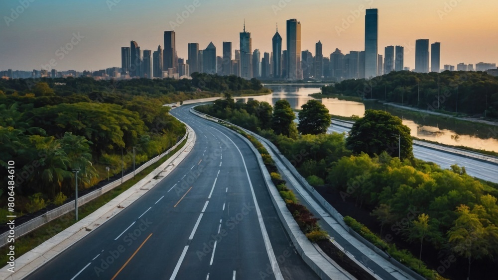 view of highway with lake park and modern city view of highway with lake park and modern city