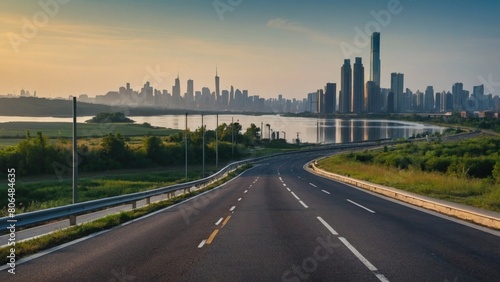 view of highway with lake park and modern city