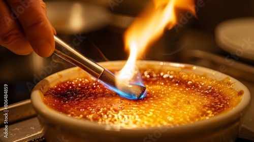 A chefs hand using a kitchen torch to caramelize the top of a creamy crÃ¨me brÃ»lÃ©e. photo