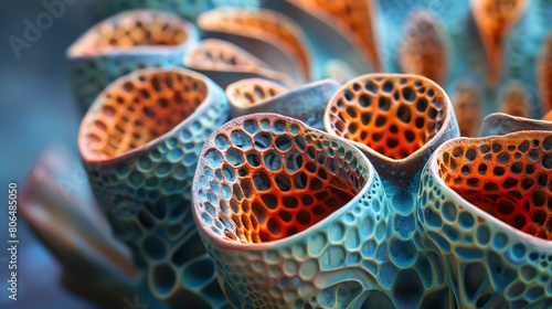 Produce a clay sculpture inspired by kaleidoscope patterns, showcasing intricate details and textures from a worms-eye view Utilize a mix of vibrant and earthy tones to create a visually engaging piec photo