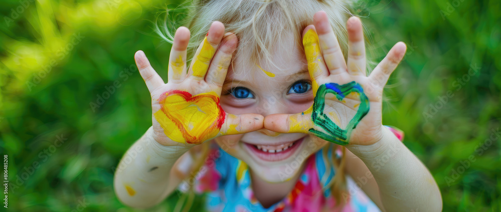A little girl with painted hands in the shape of hearts, smiling and holding her face up to camera. The background is green grassy field