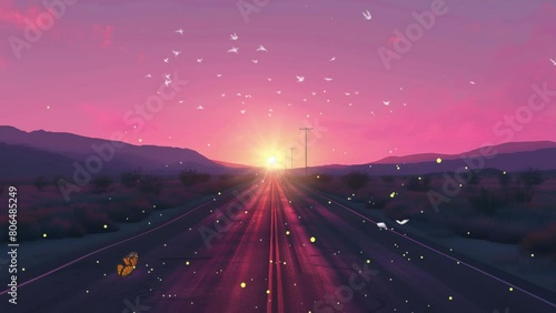flat two lane blacktop highway heads into the pink sky color. seamless looping overlay 4k virtual video animation background photo