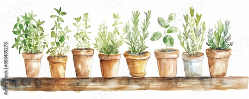 A charming watercolor painting featuring a row of potted herbs arranged on a wooden shelf, set against a white background, capturing the essence of cottagecore aesthetics