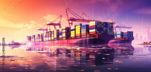 At twilight  the container landscape transforms  bathed in the warm hues of pink and orange light  creating a mesmerizing and tranquil atmosphere. Generative AI.