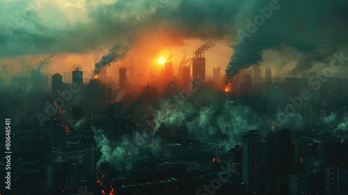 A dark, dystopian cityscape with towering skyscrapers and billowing smoke. The sky is a deep orange, and the sun is setting. The city is in ruins, and there are no people visible.