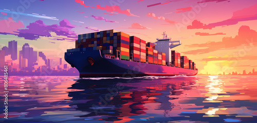 At twilight, the container landscape transforms, bathed in the warm hues of pink and orange light, creating a mesmerizing and tranquil atmosphere. Generative AI.