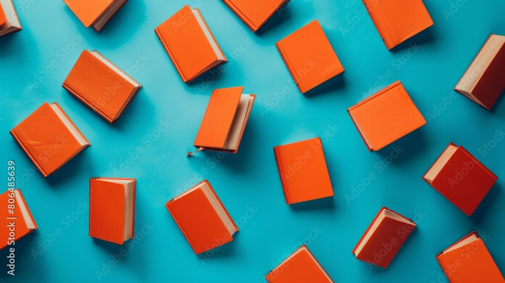Books with an orange cover fly on a blue background. generative ai Books with an orange cover fly on a blue background. generative ai