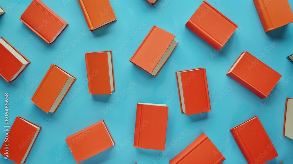 Books with an orange cover fly on a blue background. generative ai Books with an orange cover fly on a blue background. generative ai