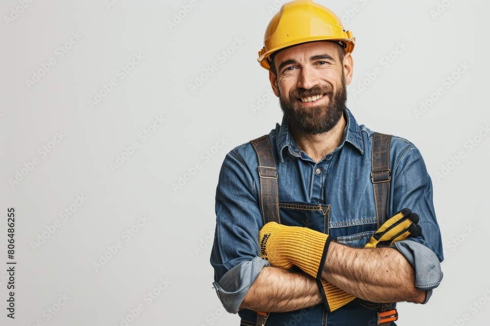 A Caucasian male construction worker, donned in uniform and helmet, smiles against a white isolated background. A Caucasian male construction worker, donned in uniform and helmet, smiles against a white isolated background.