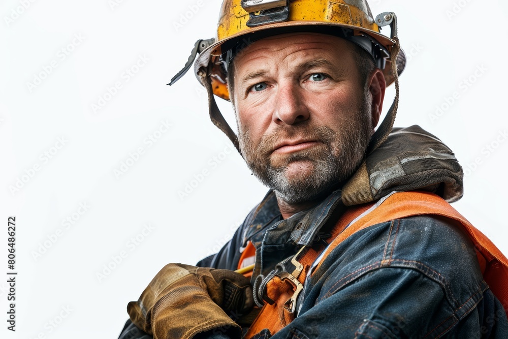 Fototapeta premium A Caucasian male construction worker, donned in uniform and helmet, smiles against a white isolated background.