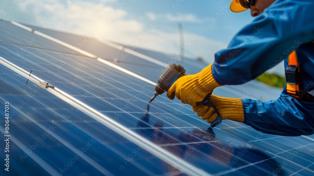 Expert technician repairing and using an electric drill, solar panel maintenance generative ai Expert technician repairing and using an electric drill, solar panel maintenance generative ai