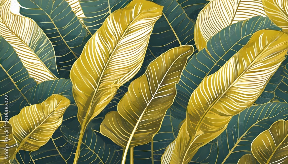 Luxury gold and nature green background. Floral pattern, Golden split leaf Philodendron plant Luxury gold and nature green background. Floral pattern, Golden split leaf Philodendron plant