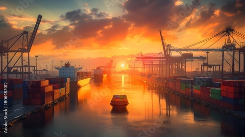Majestic Sunrise Ignites Vibrant Industrial Port Global Trade in Motion Generative ai