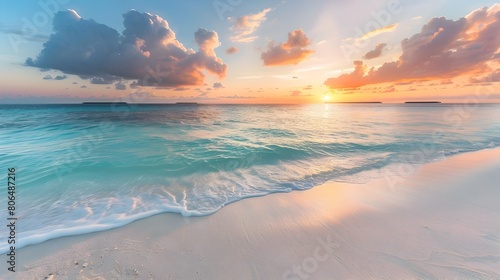 Morning Tranquility Secluded Maldives Beach at Sunrise Radiating Luxury Travel Generative ai photo