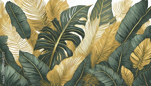 Luxury gold nature background. Floral pattern, Golden bananas, palms, exotic flowers, line arts illustration.
