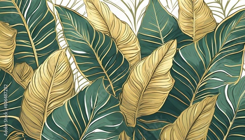 Luxury gold tropical leaves background. Wallpaper design with golden line art texture from palm leaves, Jungle leaves, monstera
