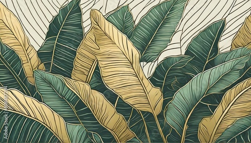 Abstract luxury art background with tropical leaves in blue and green colors with golden art line