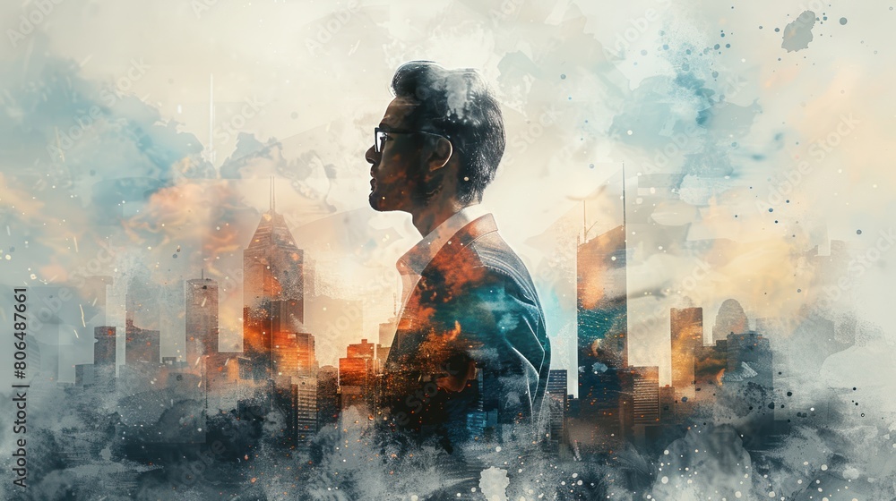 Fototapeta premium The watercolor painting shows a man standing tall in the city. He is wearing a suit and looking confident. The colors are vibrant and the brushstrokes are loose.