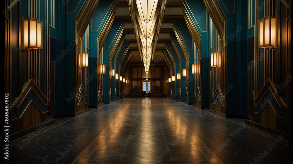 Art Deco corridor with geometric wallpaper and brass fixtures,