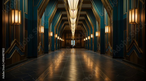 Art Deco corridor with geometric wallpaper and brass fixtures,