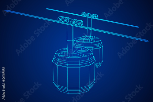 Cable car cabin gondola. Funicular simple cableway concept. Wireframe low poly mesh vector illustration