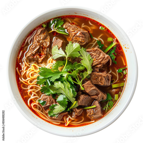 A bowl of Thai noodle soup with beef and fresh herbs, top view, steaming and inviting, isolated on a white background