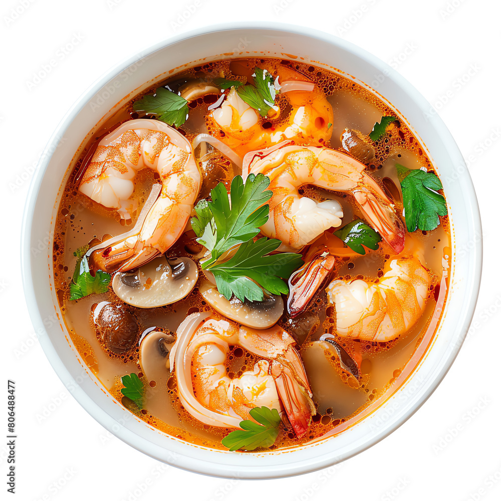Top view of a traditional Thai Tom Yum soup in a bowl, with shrimp and mushrooms, isolated on a white background Top view of a traditional Thai Tom Yum soup in a bowl, with shrimp and mushrooms, isolated on a white background