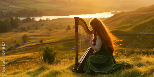 Wallpaper Mural Emerald Isle concept. Portrait of beautiful red-haired young woman playing musical instrument - Celtic harp - on the hill of Ireland. Golden hour. Rustic style. Text space. Outdoor shot Torontodigital.ca