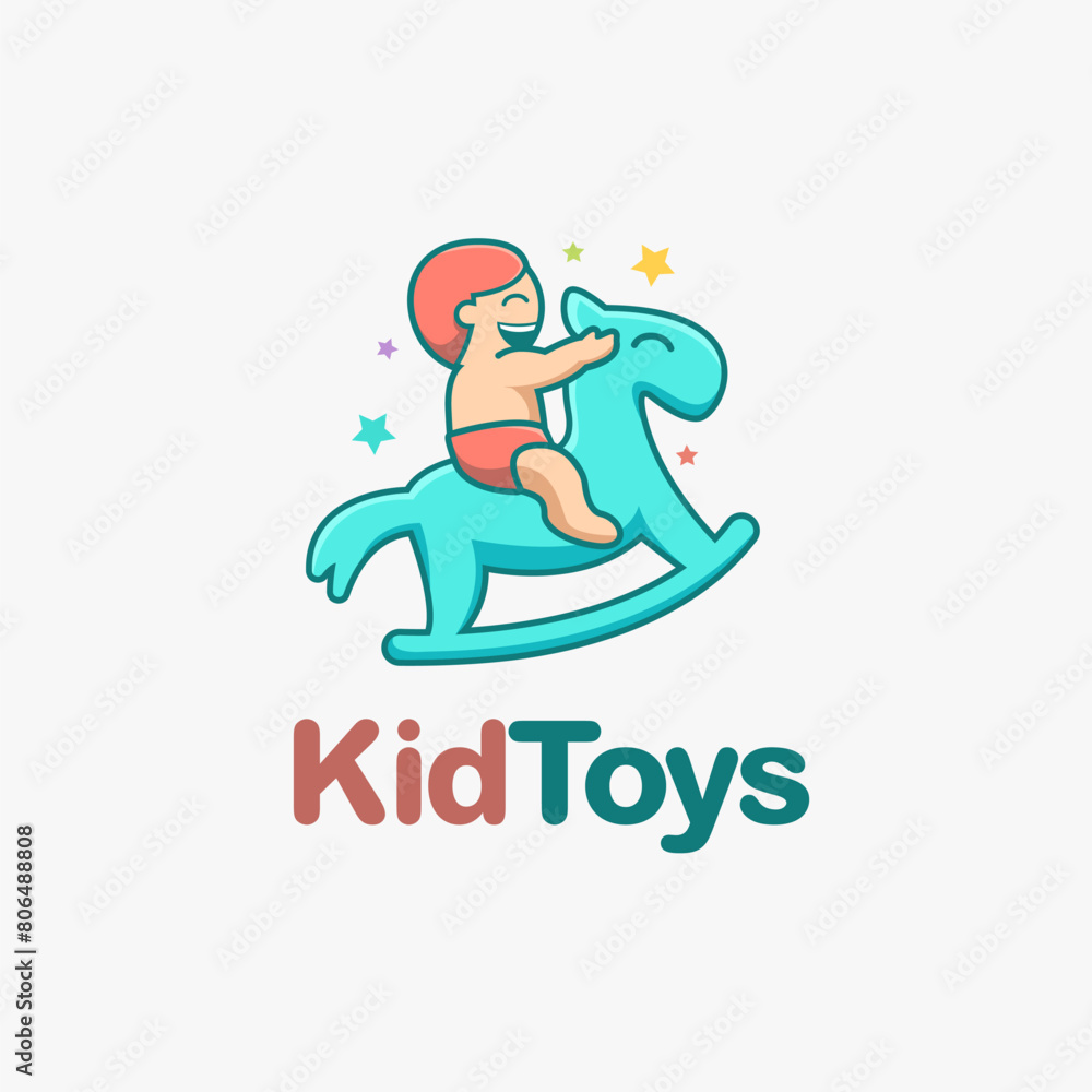 Happy baby kid playing with rocking horse cartoon logo Happy baby kid playing with rocking horse cartoon logo