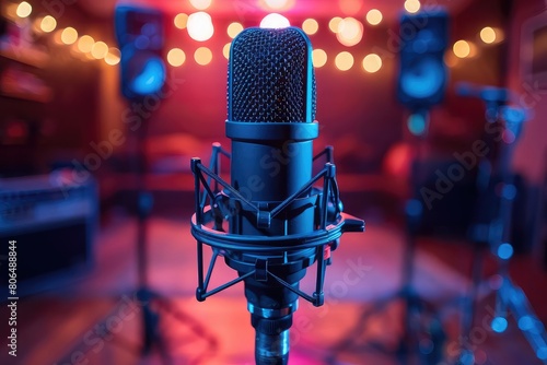A professional-looking black microphone is sitting on a stand in a recording studio. The microphone is in focus  with the background blurred.