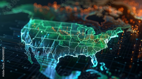 A digital visualization of a global data network featuring financial charts and graphs with a glowing world map, signifying the interconnected nature of global economics and data flow. Business.