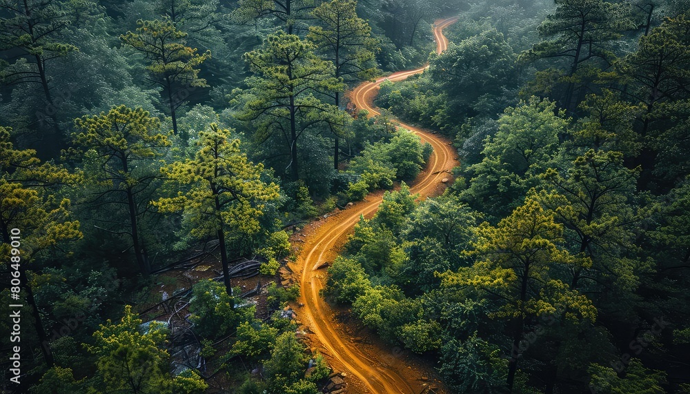 A top-down view of a winding road through a lush green forest A top-down view of a winding road through a lush green forest