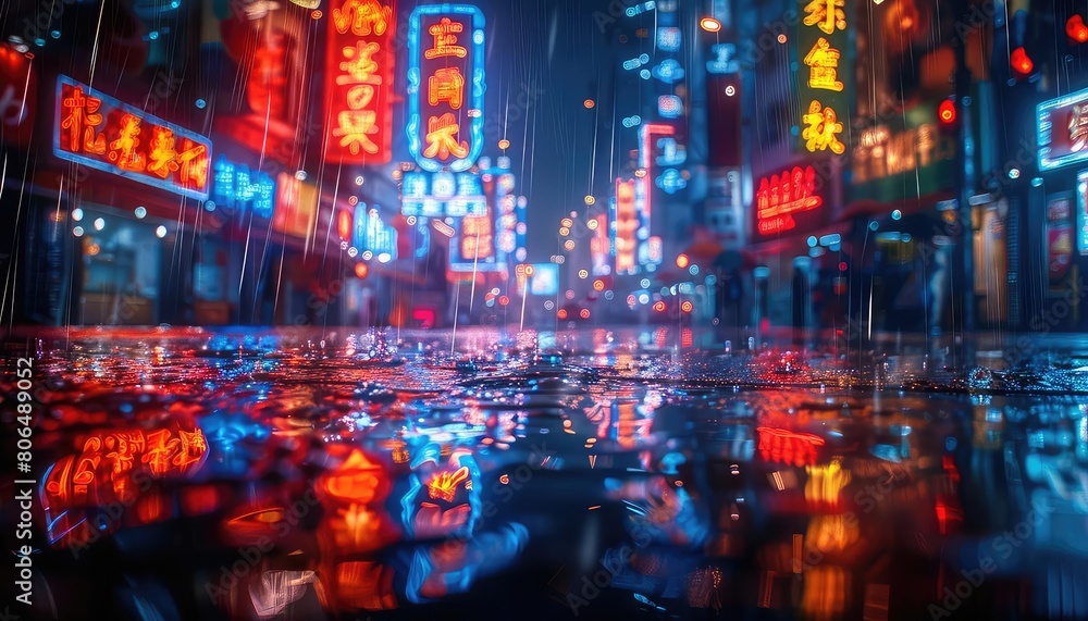 A dark and rainy street in a Chinese city. The neon lights of the signs are reflected in the wet pavement.