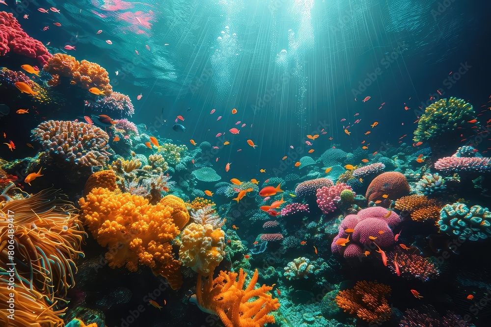 Obraz premium A beautiful and vibrant coral reef with a variety of fish swimming around. The water is crystal clear and the sun is shining down, creating a beautiful scene.