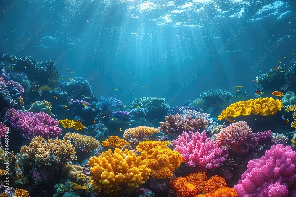 Fototapeta premium A beautiful and vibrant coral reef with a variety of colors and fish. The water is crystal clear and the sun is shining brightly, creating a stunning scene.